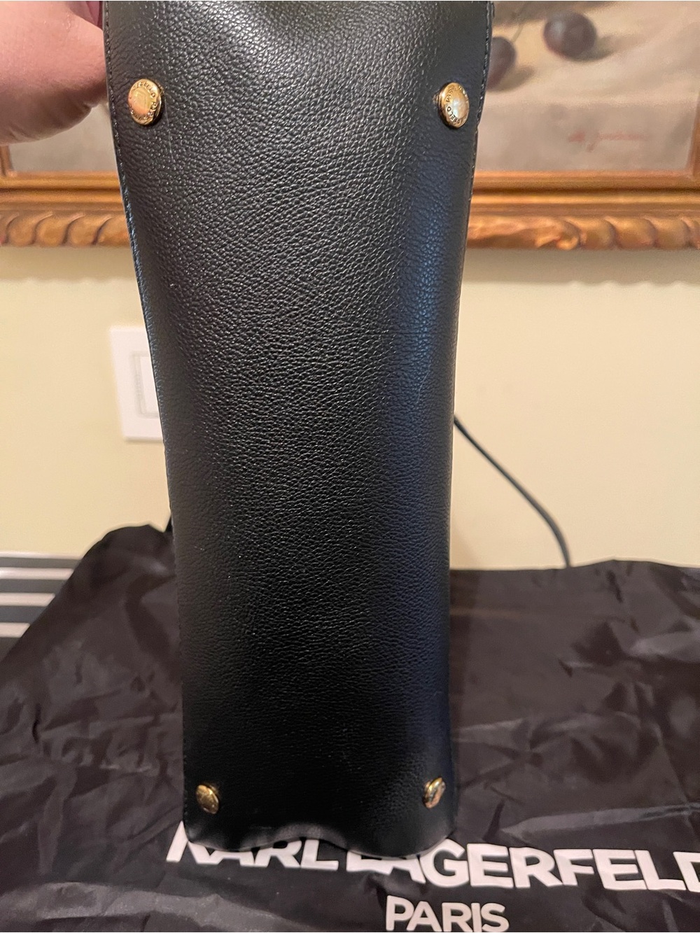 Karl Lagerfeld Black Leather Tote with Gold Stud Chevron & Chain Straps - Picture 10 of 14